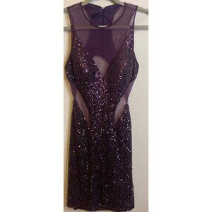 FAVIANA Sequin Beaded Mesh Cut Out Open Back Purple Cocktail Dress Prom Sz 8